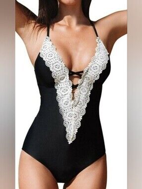 Cupshe Ladies Vintage Lace One-Piece Deep Plunge Swimsuit Size XL